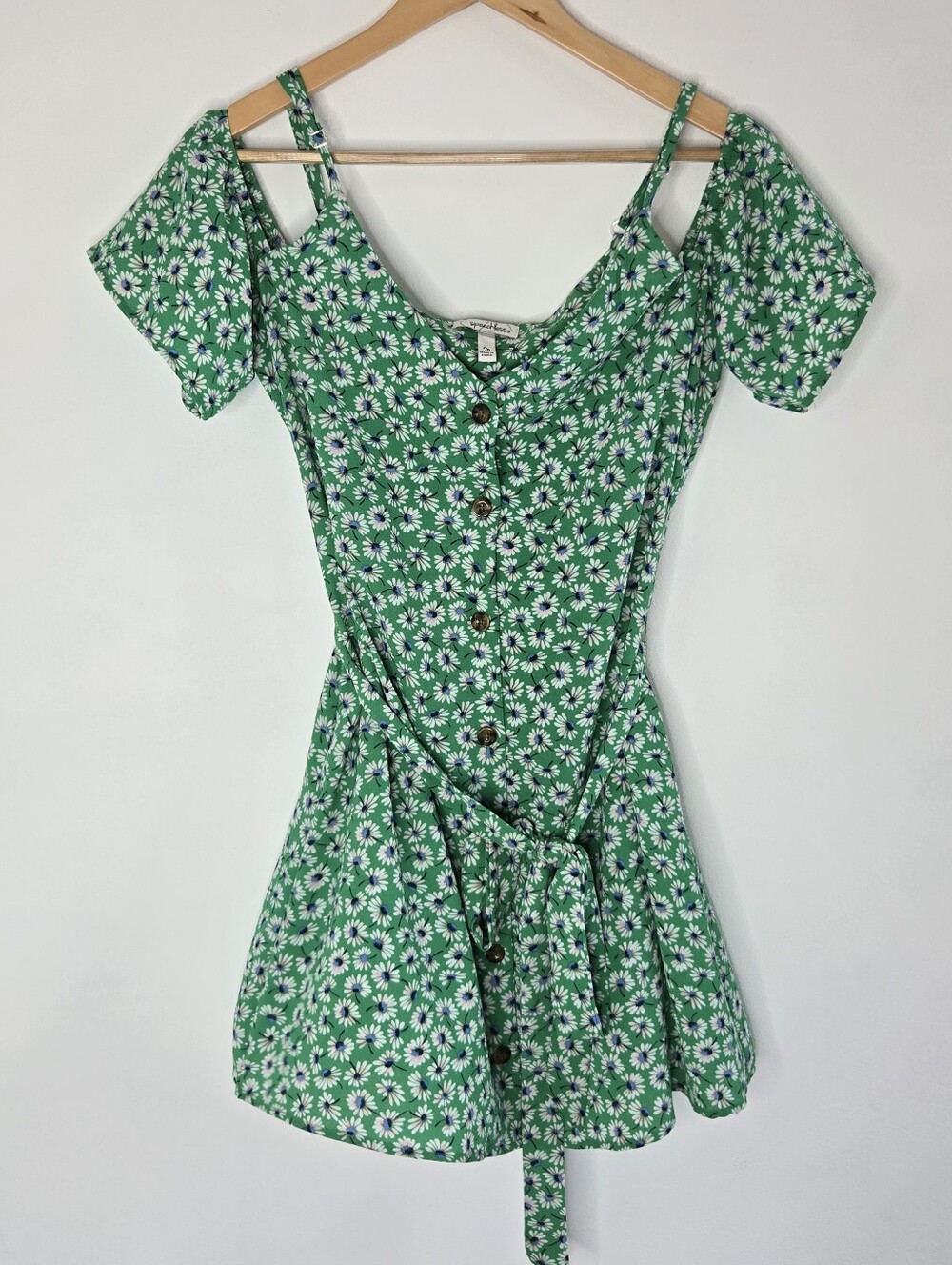 Speechless Green and White Floral Cold-Shoulder Tie Waist Dress Size Medium